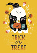 Front of a cheerful, cute ghost greeting card for kids featuring a friendly ghost in a witch hat holding a jack-o'-lantern bucket and lollipops, surrounded by candy corn and 'TRICK or TREAT' text on a vibrant yellow background.