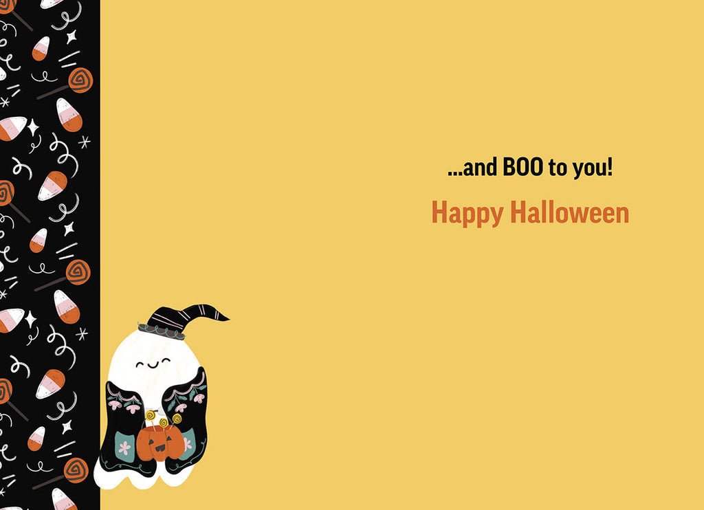 Inside of a cute ghost greeting card for children, showing an orange background with a playful border of candy corn and ghost illustration on the left, and text '...and BOO to you! Happy Halloween'.