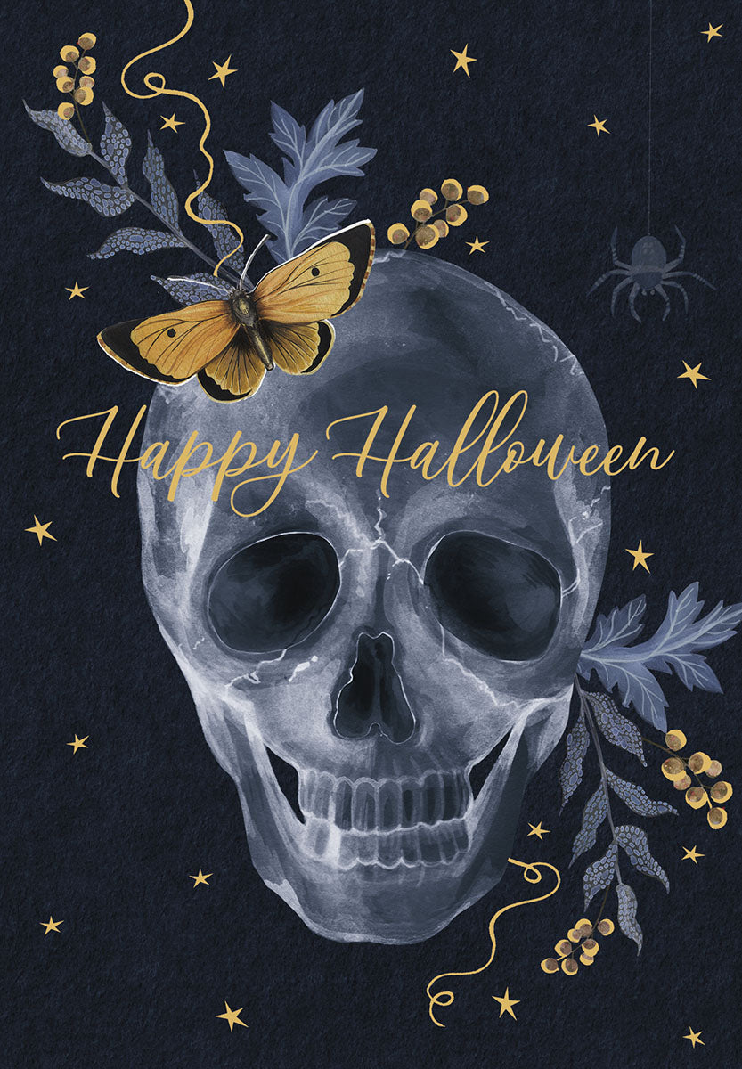 Elegant spooky greeting card front with a blue-grey skull illustration, golden butterfly, delicate spider, scattered stars, and 'Happy Halloween' text, perfect for a mystical fright night.