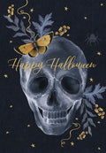 Elegant spooky greeting card front with a blue-grey skull illustration, golden butterfly, delicate spider, scattered stars, and 'Happy Halloween' text, perfect for a mystical fright night.