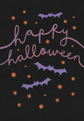 Front of a cute spooky greeting card with 'Happy Halloween' in purple and orange script, flying bat silhouettes, and sparkling orange stars on a black background.