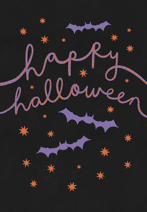 Front of a cute Halloween greeting card featuring purple bats and orange stars on a dark, chalkboard-like background. The phrase 'happy halloween' is written in playful striped script.