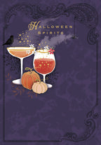 Elegant Halloween greeting card front featuring two stylized cocktail glasses, glowing spirits, pumpkins, a black crow, and a spider on a rich purple background with ornate borders.