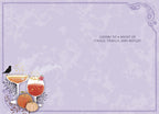 Inside of a light purple Halloween cocktail card with an ornate border, revealing the message 'CHEERS TO A NIGHT OF CHILLS, THRILLS, AND REFILLS!' alongside a festive drink and pumpkin illustration.