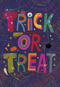 Colorful 'TRICK OR TREAT' Halloween greeting card for children, featuring playful spiders, ghosts, candy corn, and a witch's broom on a purple background.
