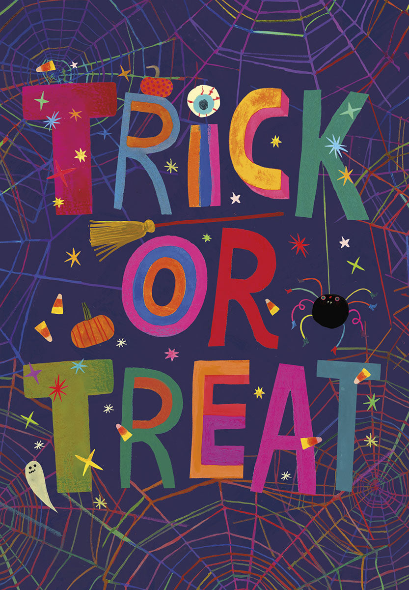 Colorful 'TRICK OR TREAT' Halloween greeting card for children, featuring playful spiders, ghosts, candy corn, and a witch's broom on a purple background.