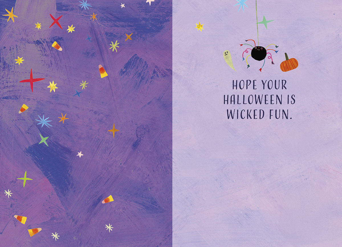 Inside of a cute Halloween card, showing 'HOPE YOUR HALLOWEEN IS WICKED FUN.' with a friendly spider, ghost, and pumpkin illustration.