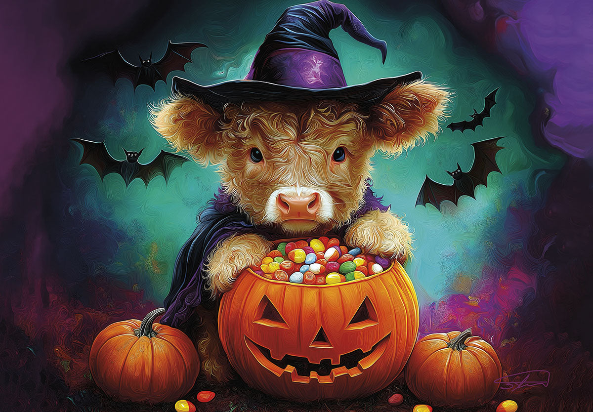 Adorable baby Highland cow wearing a witch hat and cape, peeking over a smiling jack-o'-lantern brimming with colorful Halloween candy, surrounded by pumpkins and flying bats against a whimsical, spooky background. Perfect cute Halloween card for kids.