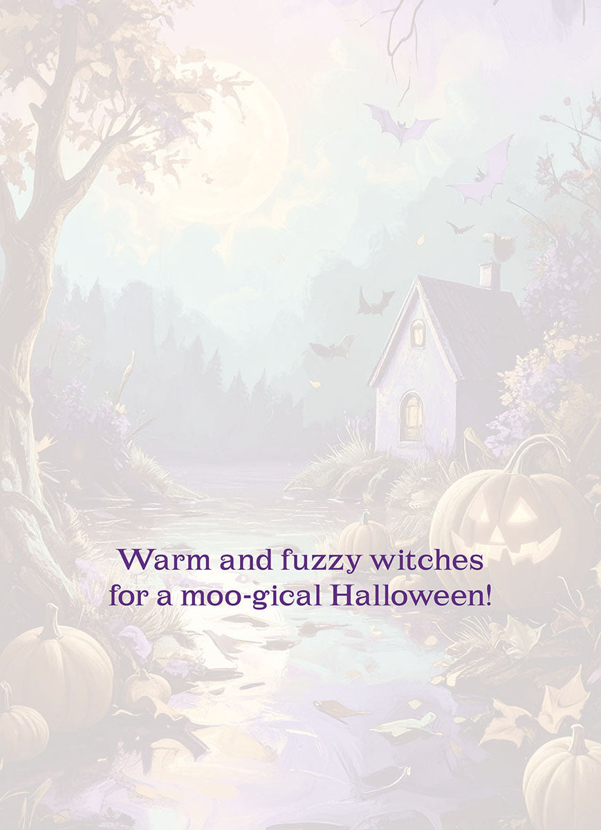 Whimsical watercolor illustration of a mystical Halloween night scene featuring a full moon, silhouetted bats, a quaint spooky cottage by a stream, and grinning jack-o'-lanterns, with text 'Warm and fuzzy witches for a moo-gical Halloween!' ideal for a child's greeting card.