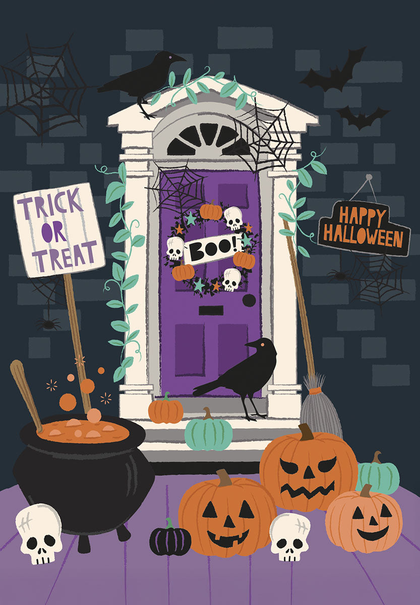 Spooky Halloween greeting card front with a purple door, a 'Boo!' wreath made of pumpkins and skulls, jack-o'-lanterns, ravens, bats, spiderwebs, a cauldron, and a 'Trick or Treat' sign, perfect for sending festive wishes.