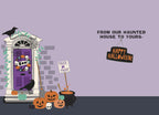 Interior view of a funny Halloween greeting card showing a haunted house illustration and the message 'FROM OUR HAUNTED HOUSE TO YOURS - HAPPY HALLOWEEN!', ideal for friends.