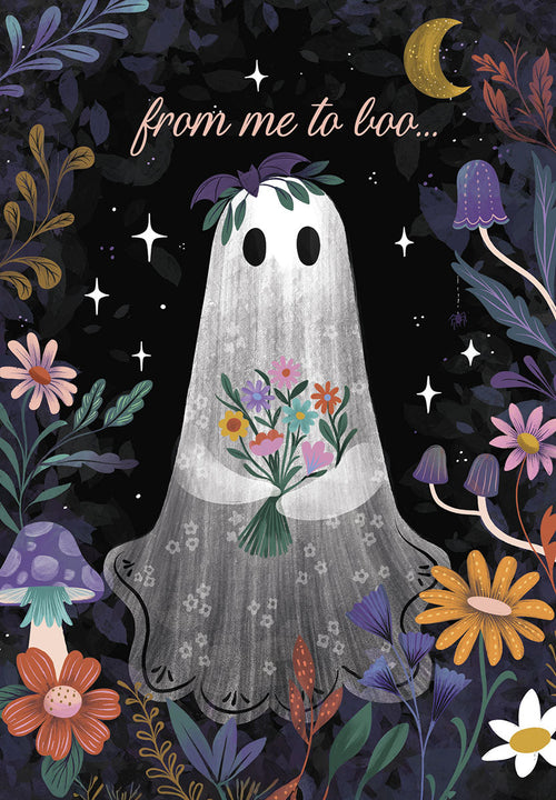 Whimsical cute ghost Halloween greeting card front, featuring a friendly ghost wearing a floral wreath and holding a vibrant flower bouquet, surrounded by enchanting dark flora, twinkling stars, and a serene crescent moon. Text reads 'from me to boo...'. Perfect for sending sweet and spooky wishes.