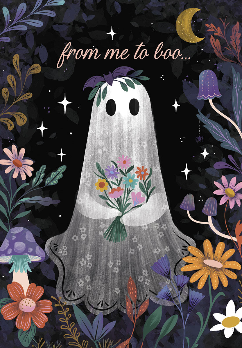 Whimsical Halloween greeting card featuring a friendly ghost holding a colorful floral bouquet, surrounded by magical forest plants, mushrooms, twinkling stars, and a golden crescent moon, with text 'from me to boo...'. Perfect for a cute and spooky message.