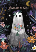 Whimsical Halloween greeting card featuring a friendly ghost holding a colorful floral bouquet, surrounded by magical forest plants, mushrooms, twinkling stars, and a golden crescent moon, with text 'from me to boo...'. Perfect for a cute and spooky message.