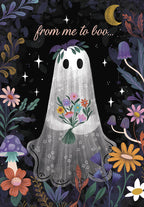 Whimsical Halloween greeting card featuring a friendly ghost holding a colorful floral bouquet, surrounded by magical forest plants, mushrooms, twinkling stars, and a golden crescent moon, with text 'from me to boo...'. Perfect for a cute and spooky message.