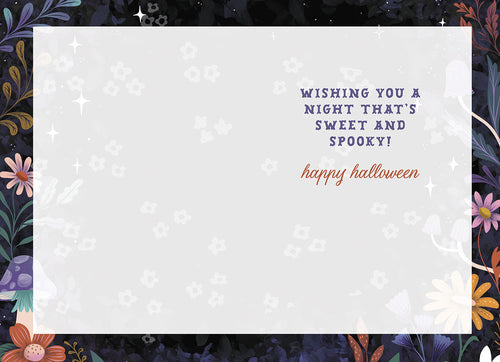 Inside of a cute ghost Halloween greeting card, showing a white background with subtle floral patterns and the message 'WISHING YOU A NIGHT THAT'S SWEET AND SPOOKY! happy halloween' in purple and orange script, set against a dark, enchanted forest border.
