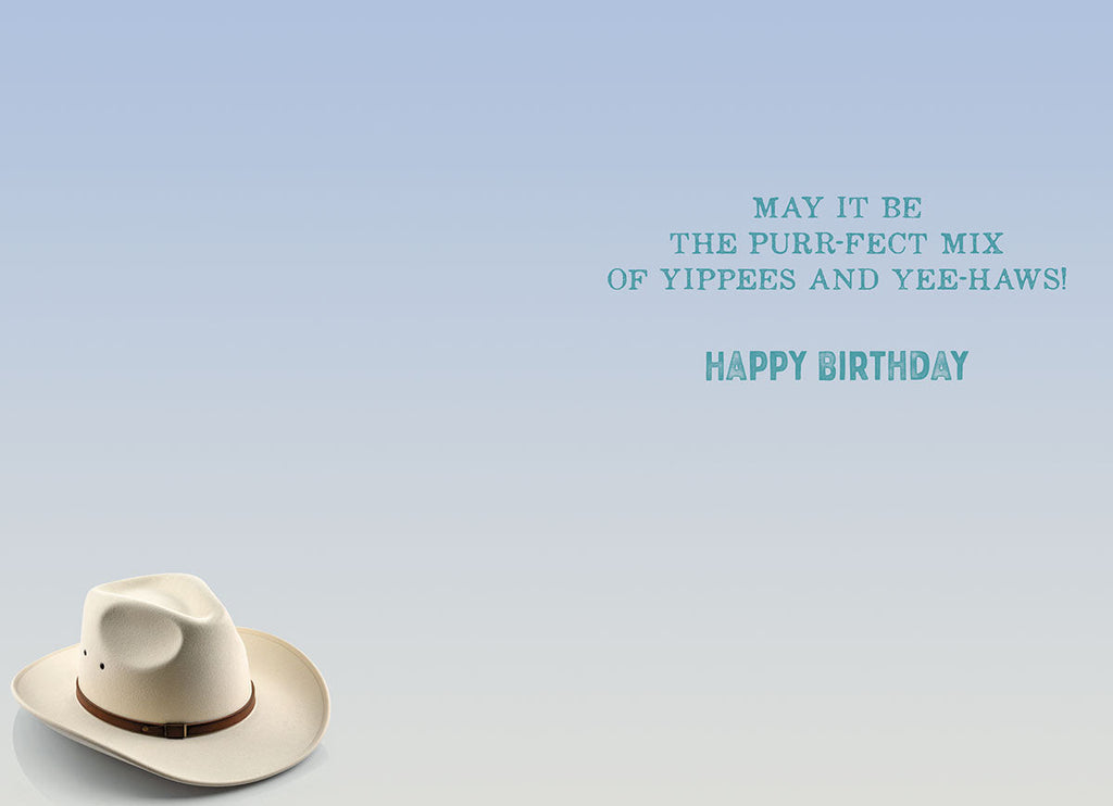 Inside of a light blue greeting card with a cowboy hat in the bottom left corner. Text on the right reads 'MAY IT BE THE PURR-FECT MIX OF YIPPEES AND YEE-HAWS! HAPPY BIRTHDAY'.