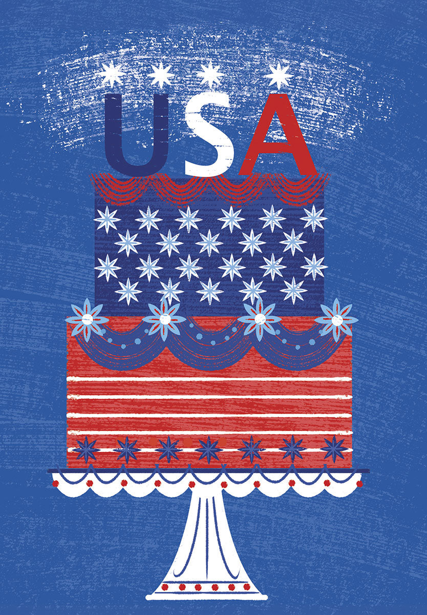 Front of patriotic birthday card featuring a red, white, and blue tiered cake decorated with stars and stripes, topped with 'USA' in bold letters on a blue background.