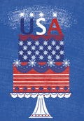 Front of patriotic birthday card featuring a red, white, and blue tiered cake decorated with stars and stripes, topped with 'USA' in bold letters on a blue background.