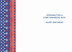 Inside of a patriotic birthday card with a vibrant red, white, and blue star-spangled border, displaying the lighthearted message 'WISHING YOU A STAR-SPANGLED DAY! HAPPY BIRTHDAY' in blue text.
