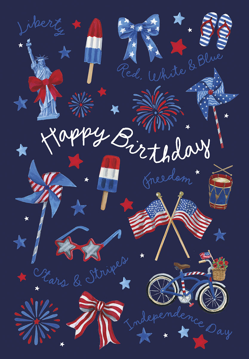 Patriotic themed greeting card front with 'Happy Birthday' text, featuring American flag elements, Statue of Liberty, fireworks, popsicles, pinwheels, and stars on a navy blue background. Ideal for an All-American girl's celebration.