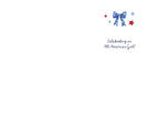 Inside of a patriotic birthday card for a girl, displaying a red, white, and blue bow with stars and the message 'Celebrating an All-American Girl!' on a clean white background.