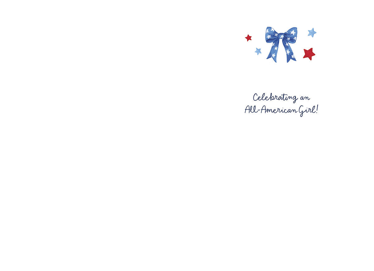 Inside of a patriotic birthday card for a girl, displaying a red, white, and blue bow with stars and the message 'Celebrating an All-American Girl!' on a clean white background.