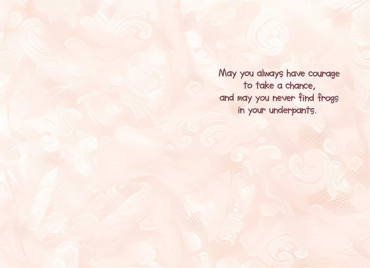 Inside of a Maggie Mae card with swirling patterns and text 'May you always have courage to take a chance, and may you never find frogs in your underpants'.