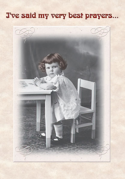Maggie Mae card with a vintage photo of a child sitting at a table, text 'I've said my very best prayers...'.