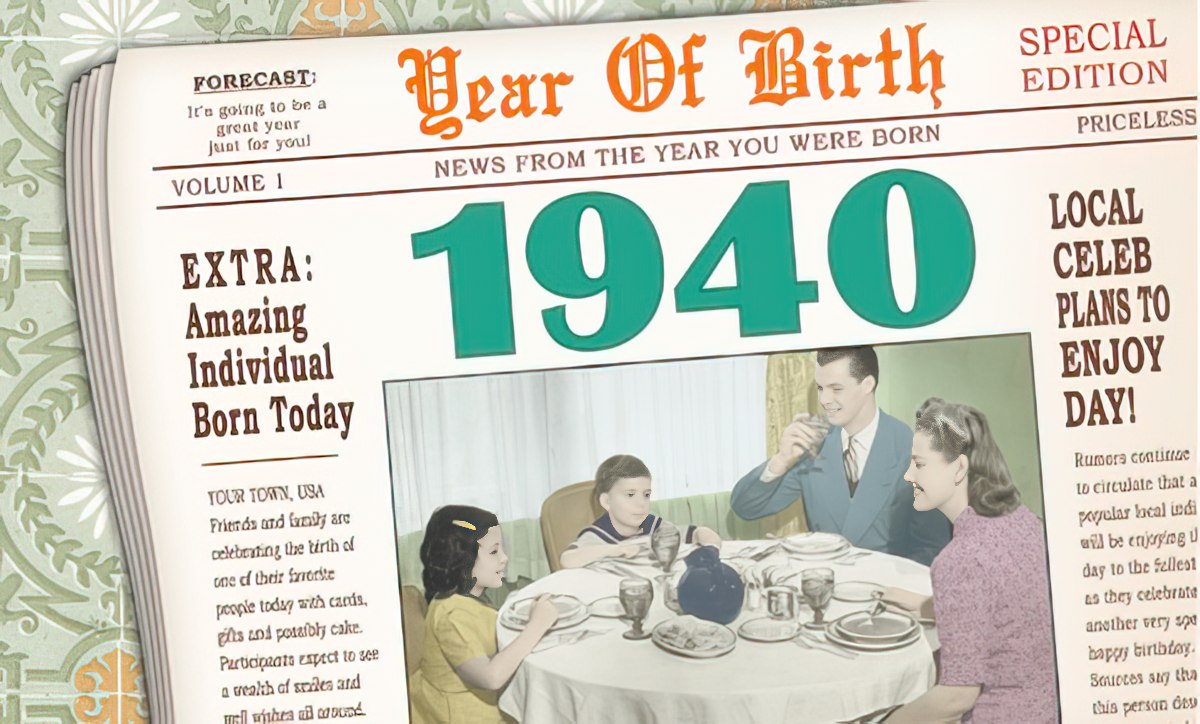 Vintage newspaper-style birthday greeting card for 1940, featuring 'Year of Birth' headline, prominent '1940' text, and an old-fashioned family dining scene, perfect for celebrating a milestone.