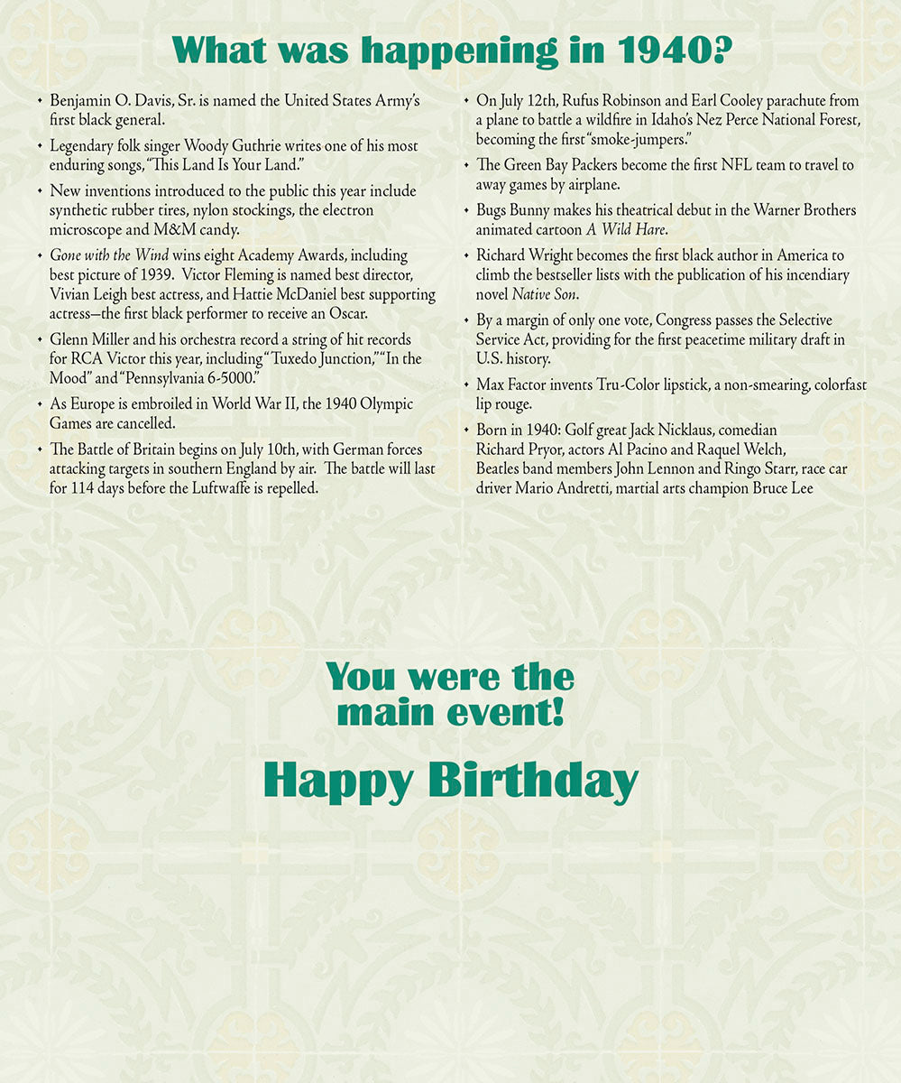 Inside view of a 1940 birth year greeting card, detailing 'What was happening in 1940?' with a list of historical facts and events, ending with a 'Happy Birthday' message, ideal for a nostalgic gift.