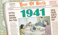 Vintage-style greeting card resembling a 1941 newspaper front page, featuring headlines like 'Amazing Individual Born Today' and 'News from the Year You Were Born', with an illustration of a 1940s family dining.