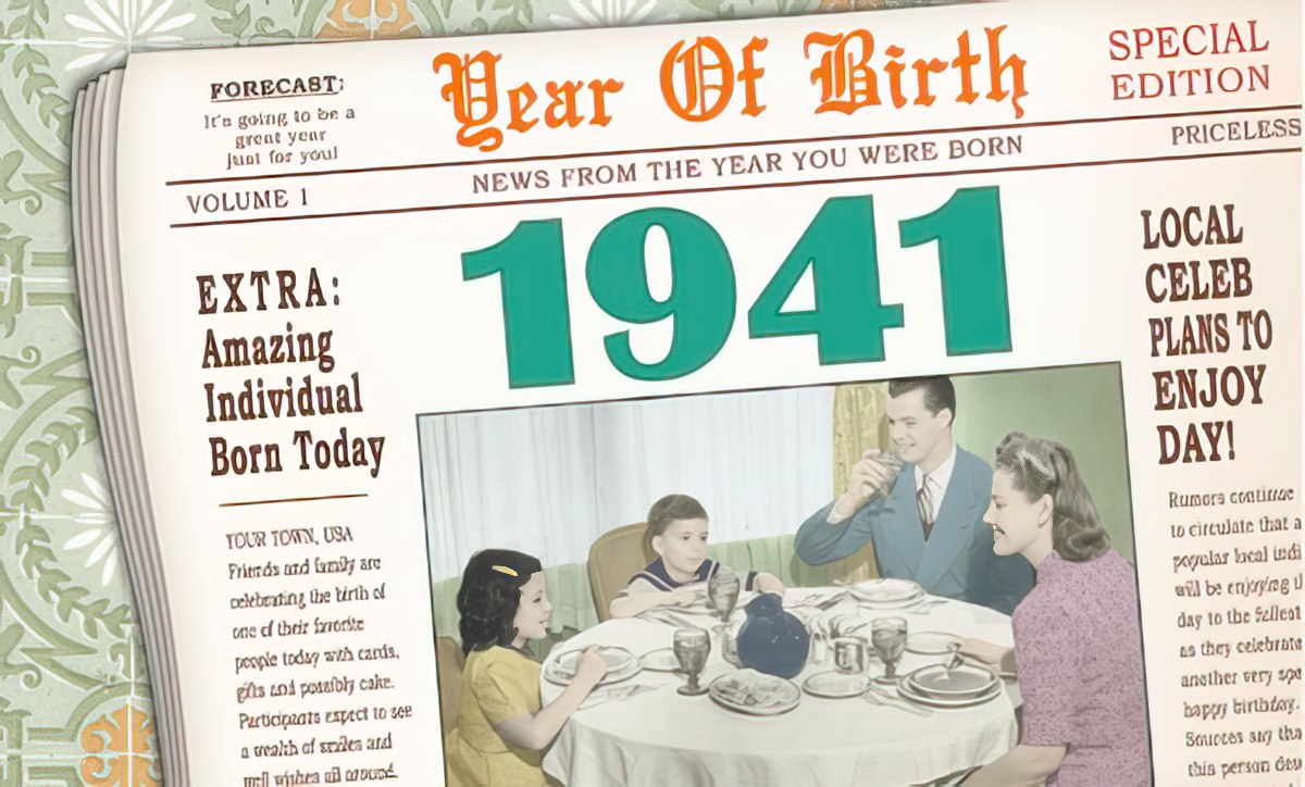 Vintage-style greeting card resembling a 1941 newspaper front page, featuring headlines like 'Amazing Individual Born Today' and 'News from the Year You Were Born', with an illustration of a 1940s family dining.