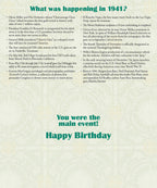 Inside of a retro 1941 birthday greeting card, displaying historical facts from that year and the celebratory message 'You were the main event! Happy Birthday'.