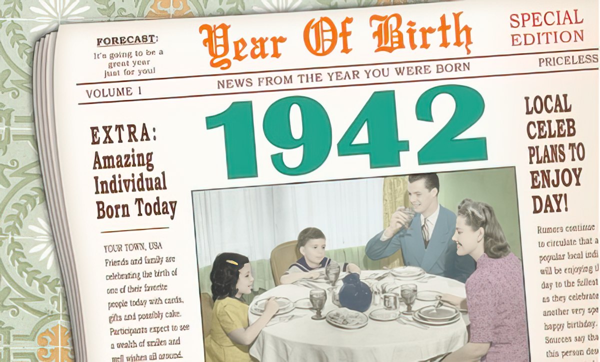 Vintage newspaper front page birthday greeting card for 1942, featuring a retro family scene, celebrating a special individual's birth year.
