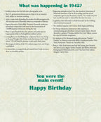 Inside of a 1942 year of birth greeting card detailing historical events like Kodak's color photo and Anne Frank's diary, with 'You were the main event! Happy Birthday' message.