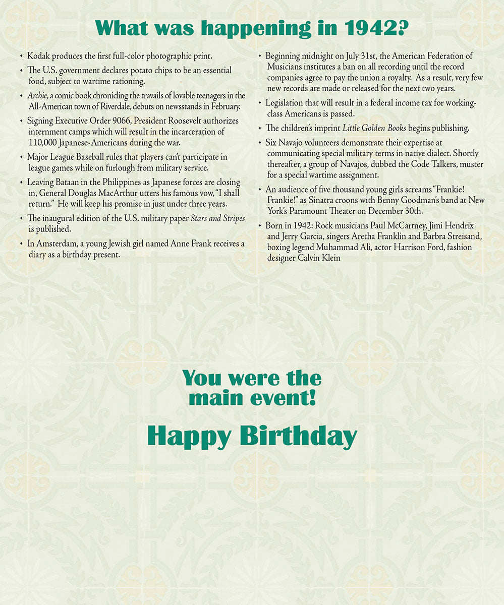 Inside of a 1942 year of birth greeting card detailing historical events like Kodak's color photo and Anne Frank's diary, with 'You were the main event! Happy Birthday' message.