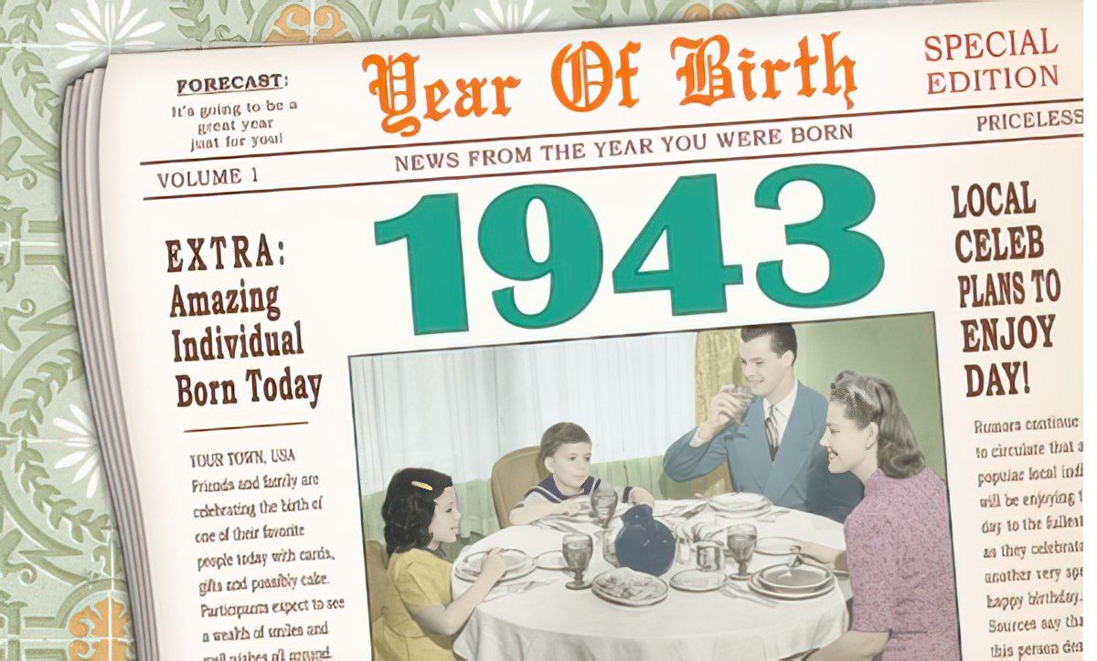 Vintage newspaper-style birthday greeting card, prominently featuring 'Year Of Birth' and '1943' with a family at a dinner table illustration. Ideal for a grandparent's nostalgic birthday.