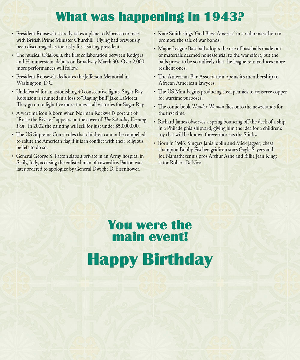 Close-up of a 'Year Of Birth' greeting card displaying a detailed list of historical events from 1943, including political, cultural, and sports facts. Perfect for a history-loving grandparent.