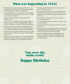 Close-up of a 'Year Of Birth' greeting card displaying a detailed list of historical events from 1943, including political, cultural, and sports facts. Perfect for a history-loving grandparent.