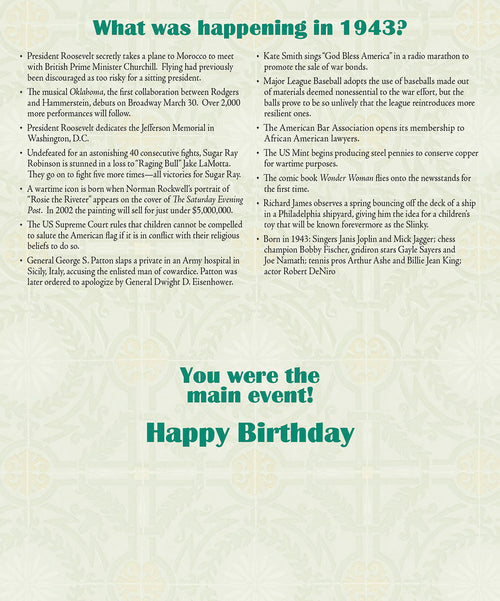 Close-up of a 'Year Of Birth' greeting card displaying a detailed list of historical events from 1943, including political, cultural, and sports facts. Perfect for a history-loving grandparent.