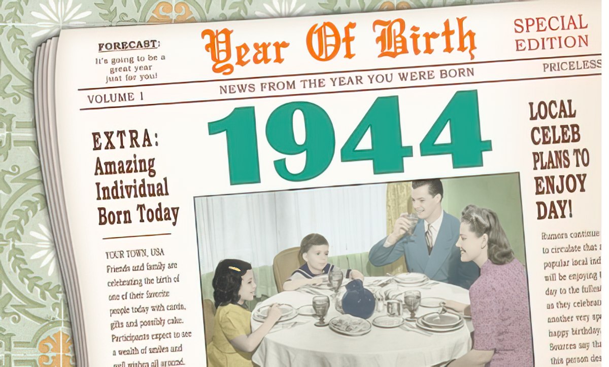 Vintage newspaper-themed greeting card displaying 'Year Of Birth 1944' headline and an illustration of a classic family dinner scene, perfect for a milestone birthday.