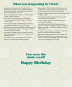 Inside view of a personalized 1944 'Year of Birth' greeting card listing significant historical events and cultural highlights from that year, ideal for a nostalgic birthday gift.