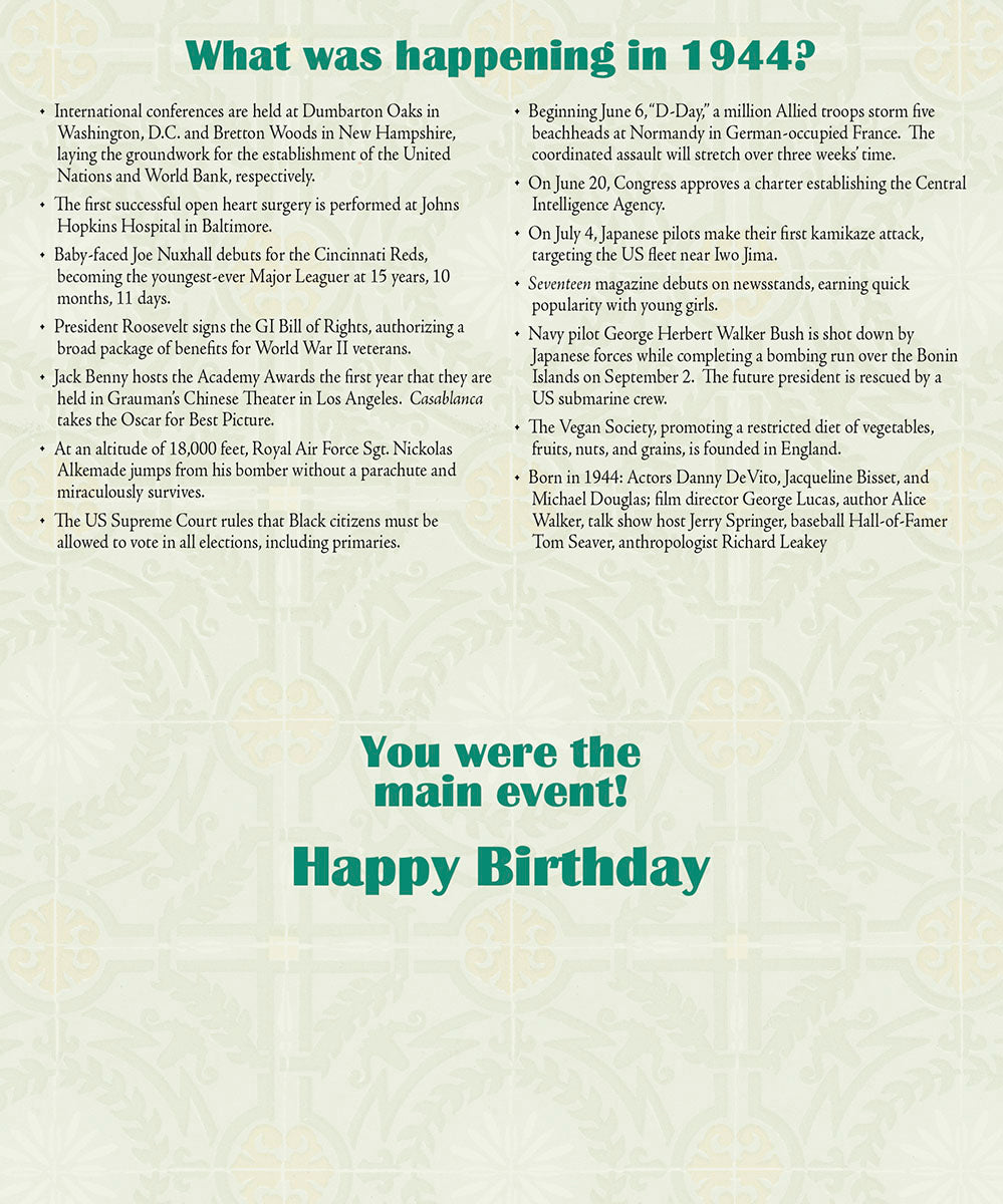 Inside view of a personalized 1944 'Year of Birth' greeting card listing significant historical events and cultural highlights from that year, ideal for a nostalgic birthday gift.