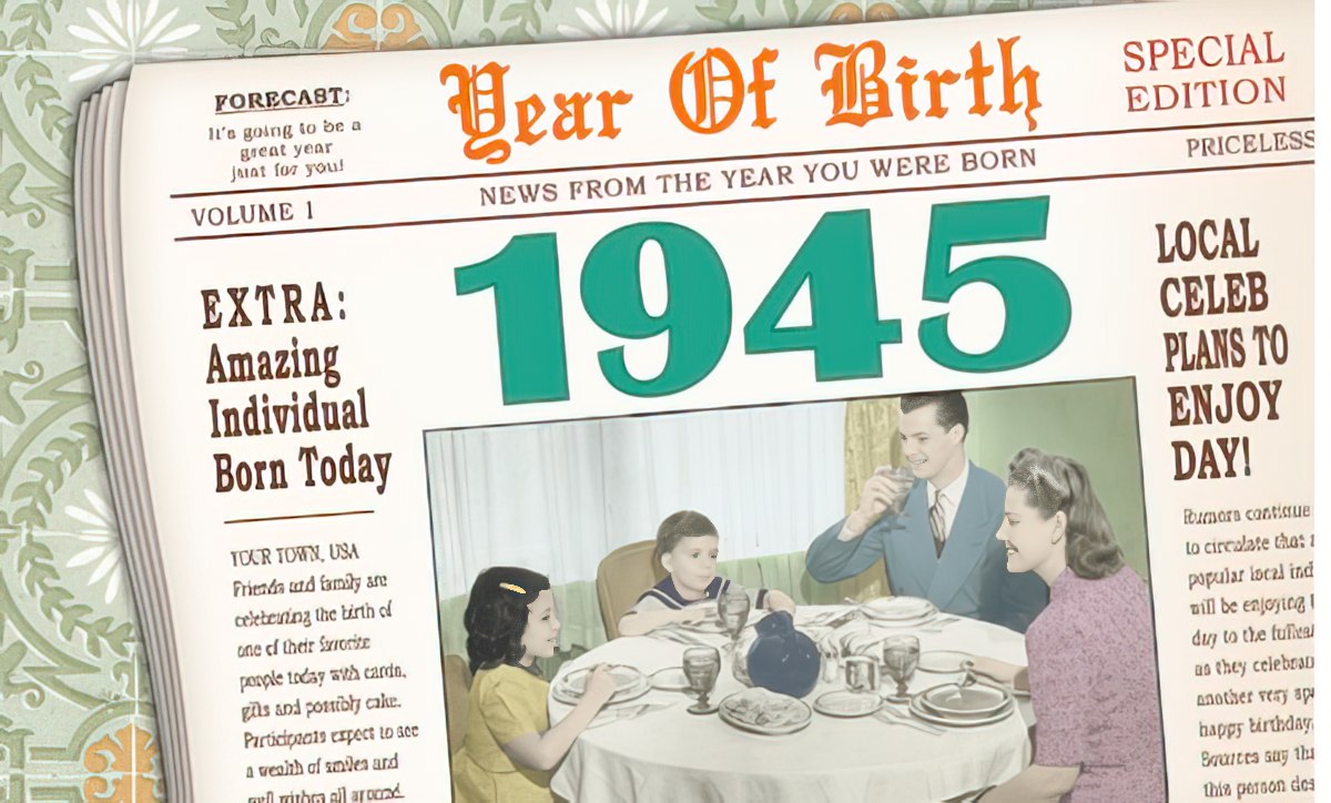 Vintage newspaper front page birthday card featuring 'Year Of Birth' and '1945' headlines, with an illustration of a retro family dining. Perfect for celebrating a milestone.