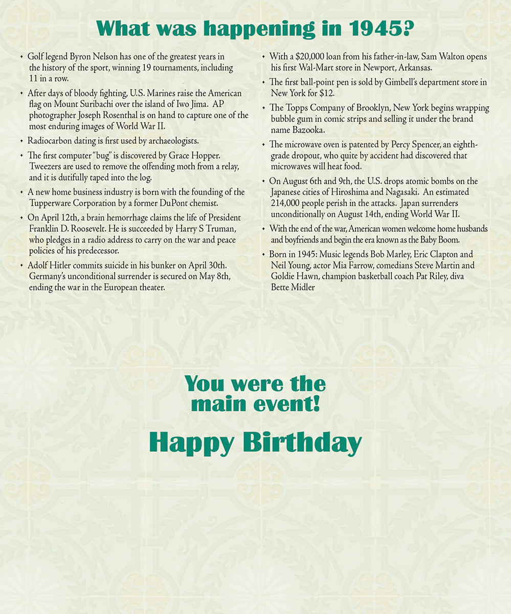 Detailed insert of a birthday card listing historical events from 1945, including golf records, Wal-Mart opening, and WWII facts, designed to celebrate the recipient's birth year.