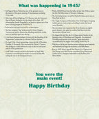 Detailed insert of a birthday card listing historical events from 1945, including golf records, Wal-Mart opening, and WWII facts, designed to celebrate the recipient's birth year.