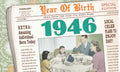 Vintage newspaper front page greeting card design, featuring 'Year Of Birth' headline and '1946' in large numbers, with an illustration of a family celebrating. Perfect for a birthday with historical context.