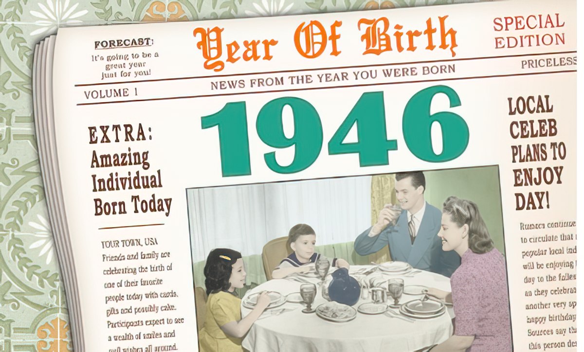 Vintage newspaper front page greeting card design, featuring 'Year Of Birth' headline and '1946' in large numbers, with an illustration of a family celebrating. Perfect for a birthday with historical context.