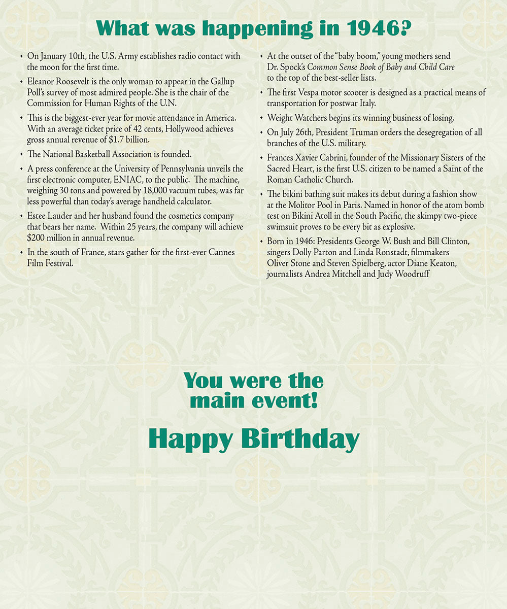 Detailed text describing significant historical events and pop culture moments from the year 1946, offering fun facts and trivia for a birthday celebration.